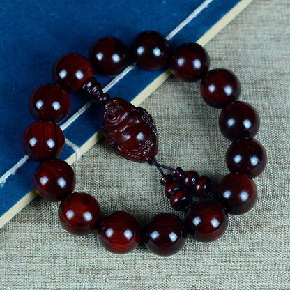 Buddhist Blessing Small Leaf Red Sandalwood Laughing Buddha God of Wealth Protection Bracelet