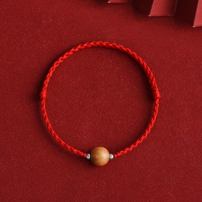 Buddhist Blessing Natural Peach Wood Bead Luck Braided Bracelet Anklet
