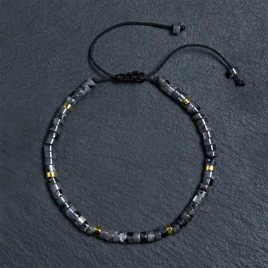 Buddhist Blessing Natural Black Glitter Stone Courage Spacer Bead Bracelet