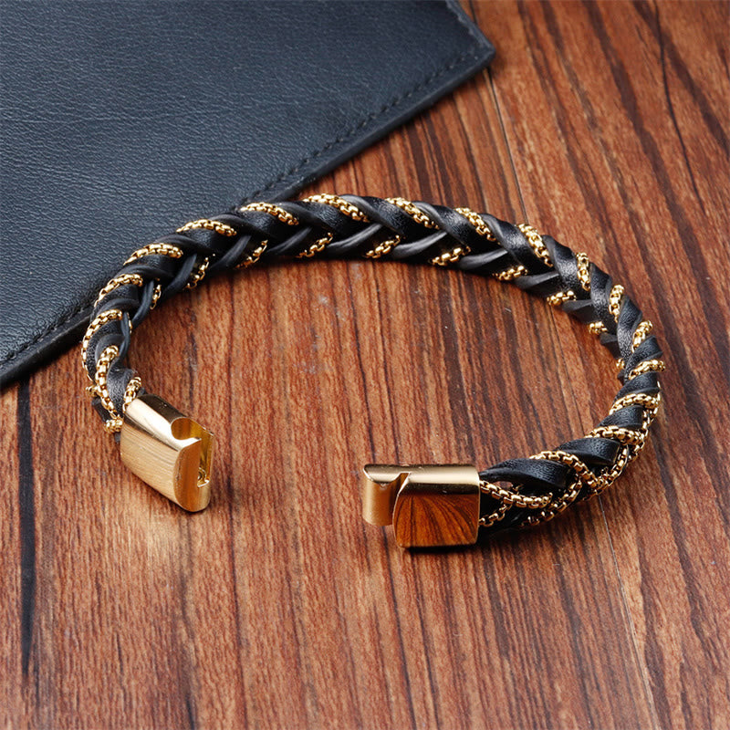 Buddhist Blessing Simple Design Titanium Steel Calm Braided Leather Buckle Bracelet