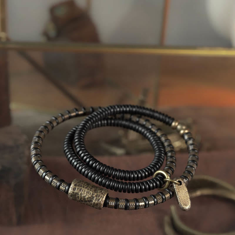 Buddhist Blessing Healing Tibetan Ebony Wood Beads Copper Multilayered Bracelet