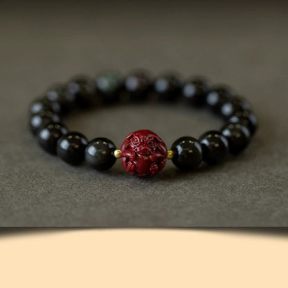 Buddhist Blessing Chinese Zodiac Natural Black Obsidian Cinnabar Purification Bracelet