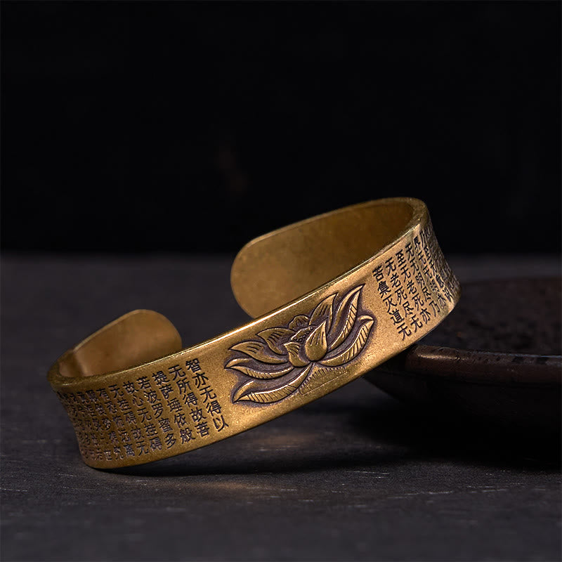 Buddhist Blessing Heart Sutra Lotus Flower Copper Brass Peace Cuff Bracelet Bangle