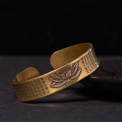Buddhist Blessing Heart Sutra Lotus Flower Copper Brass Peace Cuff Bracelet Bangle