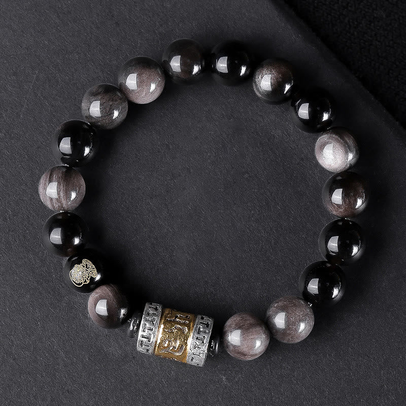 Buddhist Blessing Natural Silver Sheen Obsidian Tiger's Eye Six True Words 'Om Mani Padme Hum' Strength Bracelet