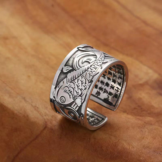 Buddhist Blessing Koi Fish Heart Sutra Carved Design Luck Wealth Ring