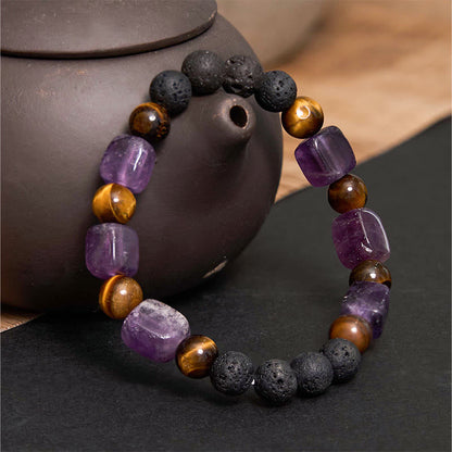 Buddhist Blessing Various Crystals Cube Amethyst Lava Rock Support Bracelet