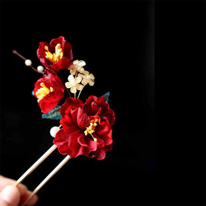 Buddhist Blessing Chinese Style Red Camellia Butterfly Hair Clip Hair Comb Hairpin Barrette Accessory