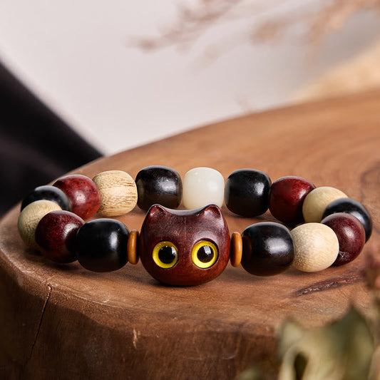 Buddhist Blessing Small Leaf Red Sandalwood Ebony Wood Cute Cat Engraved Protection Bracelet