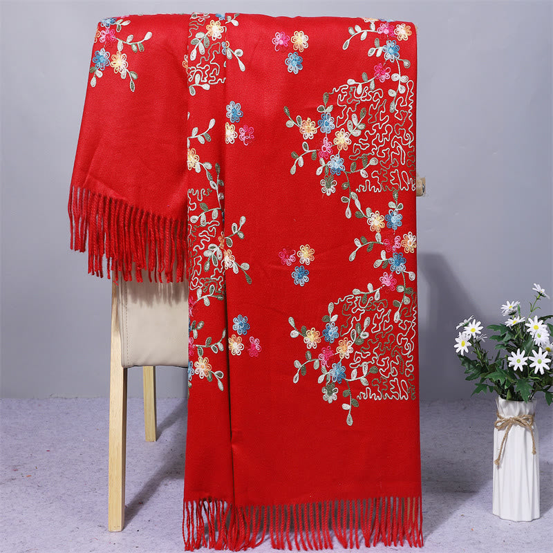 Buddhist Blessing Rayon Fabric Shawl Colorful Small Flowers Embroidery Tassel Winter Cozy Travel Scarf Wrap