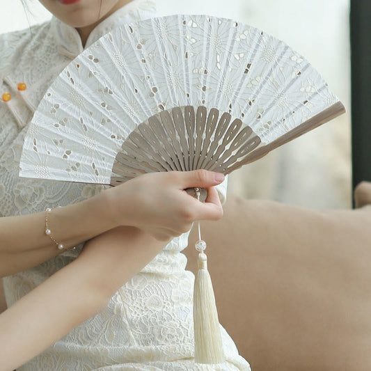 Buddhist Blessing Solid Color Hollow Flowers Embroidery Cotton Fabric Handheld Bamboo Folding Fan