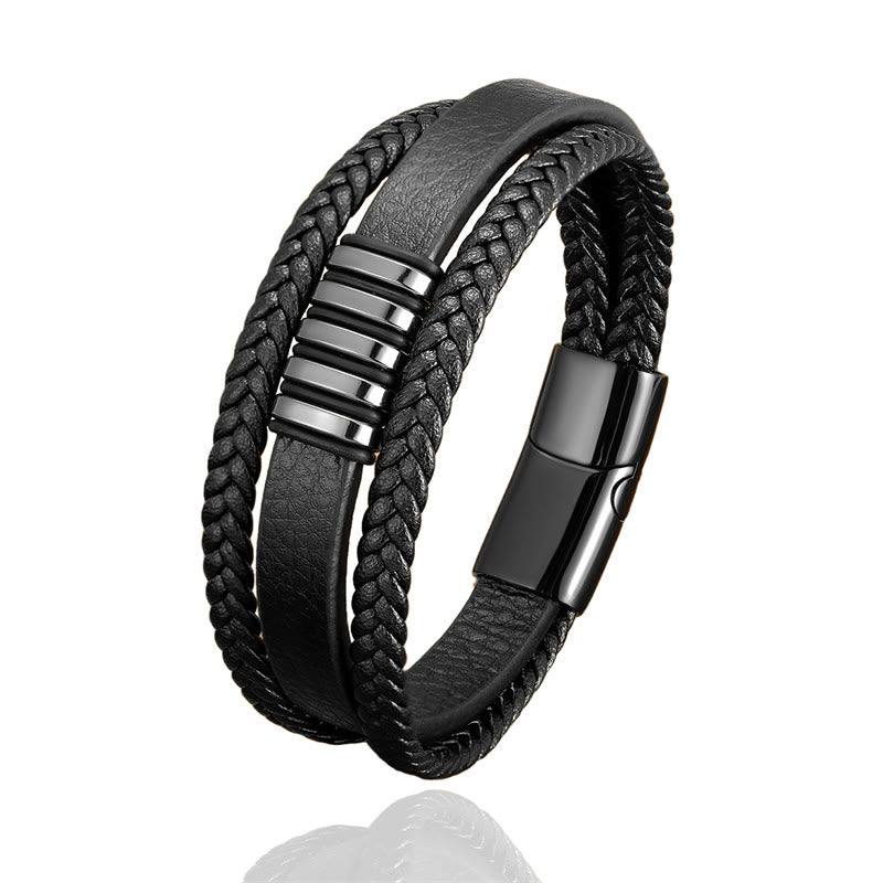 Buddhist Blessing Multi-layer Leather Rope Titanium Steel Buckle Balance Bracelet