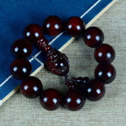 Buddhist Blessing Small Leaf Red Sandalwood Laughing Buddha God of Wealth Protection Bracelet