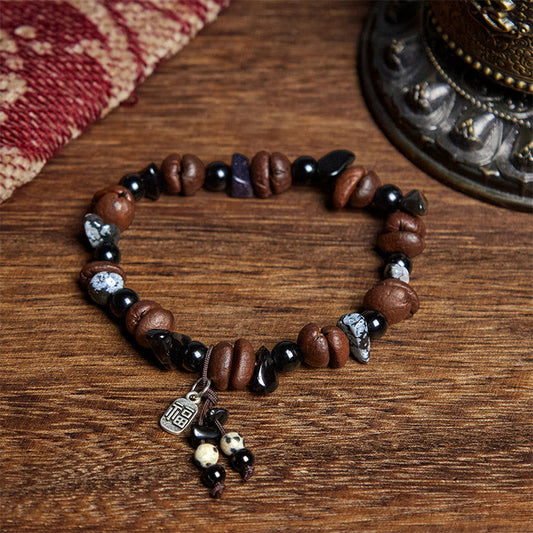 Buddhist Blessing Natural Coffee Beans Tiger Eye Fu Character Protection Bracelet