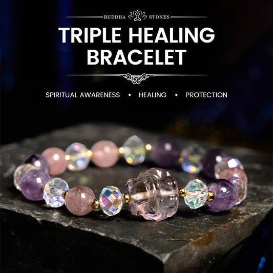 Buddhist Blessing Amethyst Strawberry Quartz White Crystal Nine Tailed Fox Meditation Bracelet