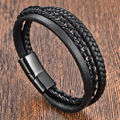 Buddhist Blessing Braided Design Titanium Steel Calm Multi-layer Leather Buckle Bracelet