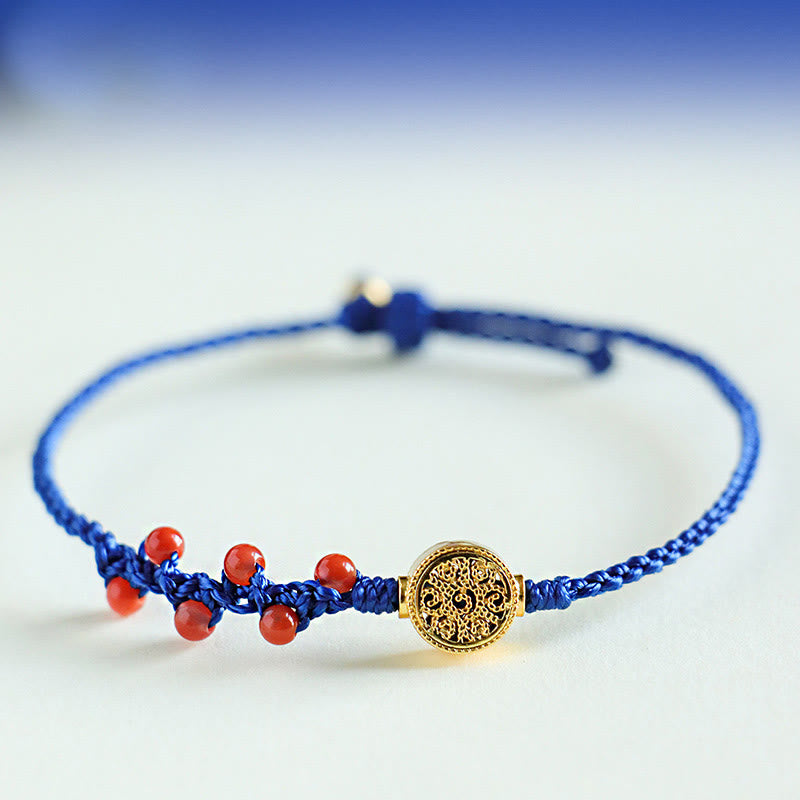Buddhist Blessing Klein Blue String South Red Agate Garnet Copper Flower Power Bracelet