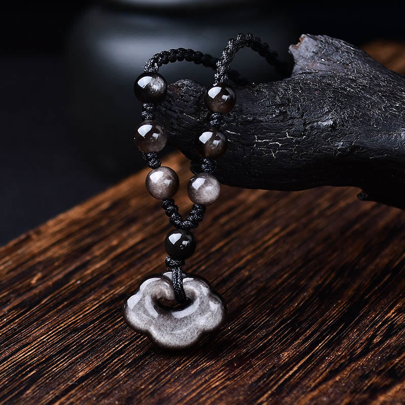 Buddhist Blessing Natural Silver Sheen Obsidian Auspicious Clouds Protection Soothing Necklace Pendant