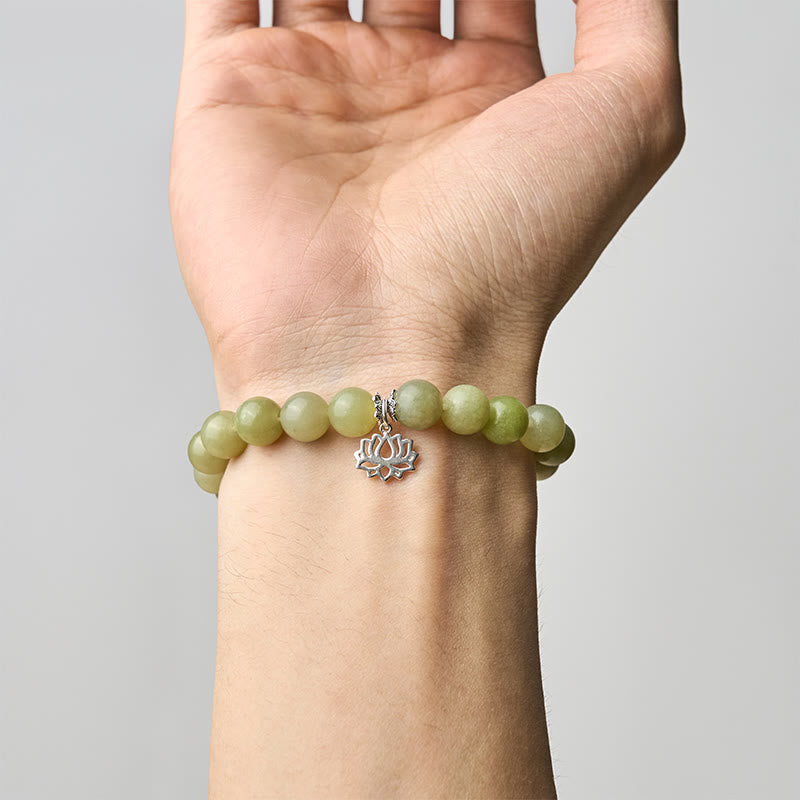 Buddhist Blessing 925 Sterling Silver Lotus Natural Cyan Jade Luck Bracelet