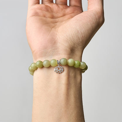 Buddhist Blessing 925 Sterling Silver Lotus Natural Cyan Jade Luck Bracelet