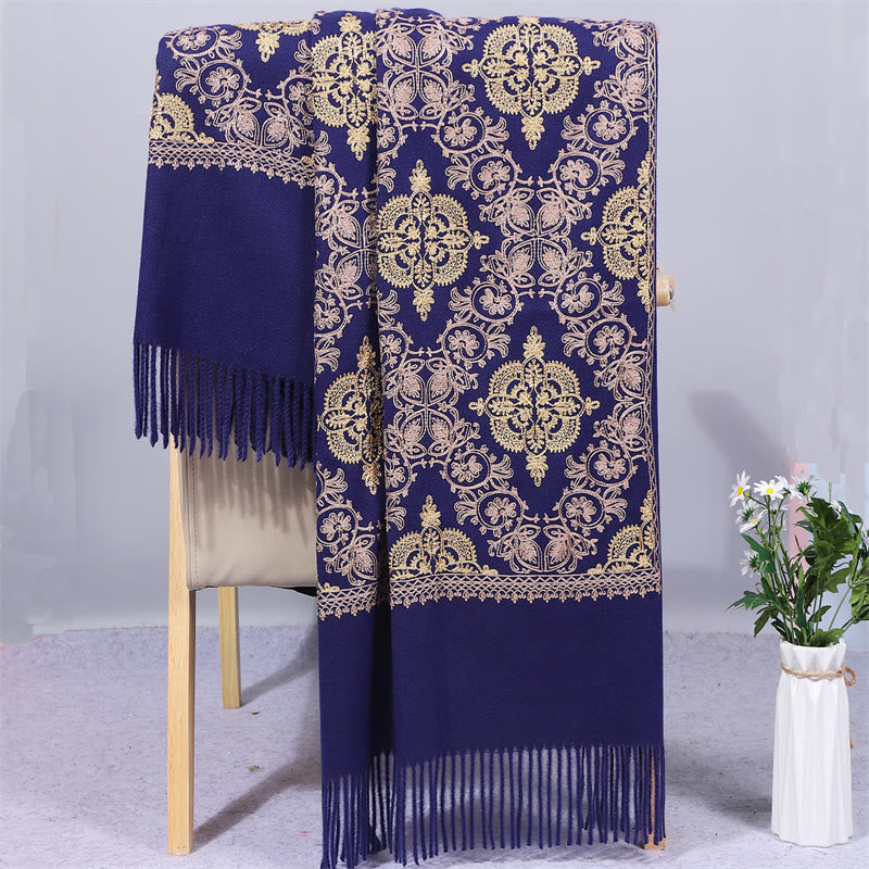 Buddhist Blessing Polyester Shawl Symmetry Gold Filigree Embroidery Tassel Winter Cozy Travel Scarf Wrap