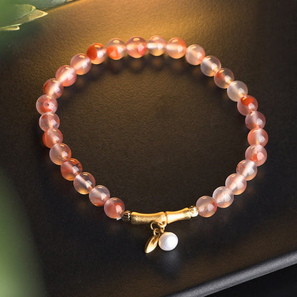 Buddhist Blessing South Red Agate Aquamarine Pearl Hetian Jade Bamboo Flower Fortune Bracelet