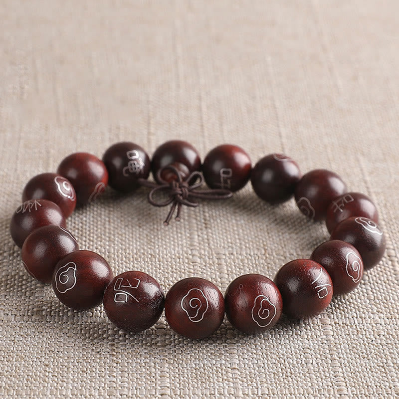 Buddhist Blessing 925 Sterling Silver Inlaid Small Leaf Red Sandalwood Om Mani Padme Hum Character Auspicious Clouds Protection Bracelet