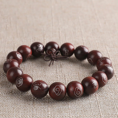 Buddhist Blessing 925 Sterling Silver Inlaid Small Leaf Red Sandalwood Om Mani Padme Hum Character Auspicious Clouds Protection Bracelet