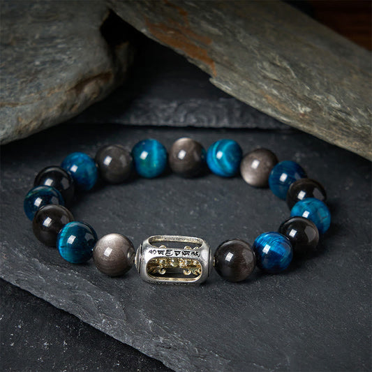 Buddhist Blessing Natural Silver Sheen Obsidian Blue Tiger Eye Om Mani Padme Hum Soothing Bracelet