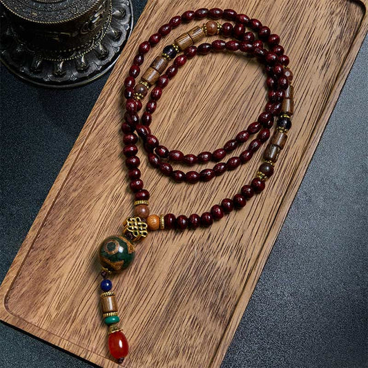 Buddhist Blessing Tibetan Handmade Wenge Wood Protection Dzi Bead Elephant Head Necklace Pendant
