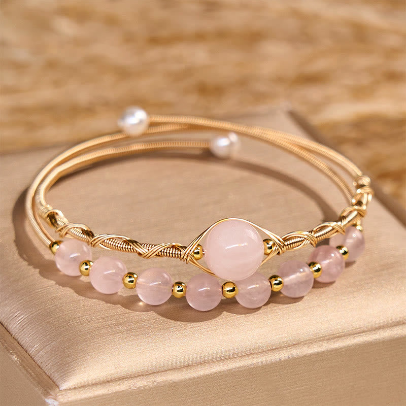 Buddhist Blessing Natural Rose Quartz Love Healing Metal Cuff Bracelet Bangle