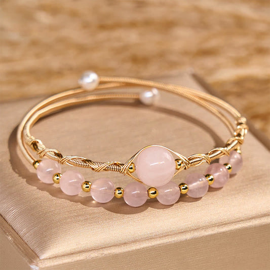 Buddhist Blessing Natural Rose Quartz Love Healing Metal Cuff Bracelet Bangle