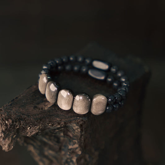 Buddhist Blessing Natural Silver Sheen Obsidian Lava Rock Communication Bracelet