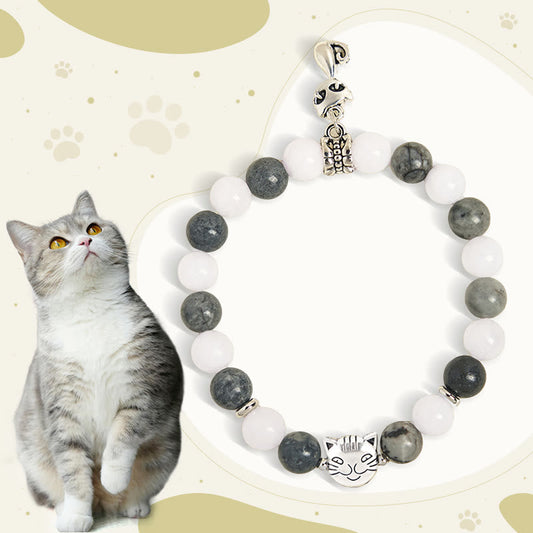 Buddhist Blessing Grey Tabby Cat Natural Black Veined Jasper White Chalcedony Stability Bracelet