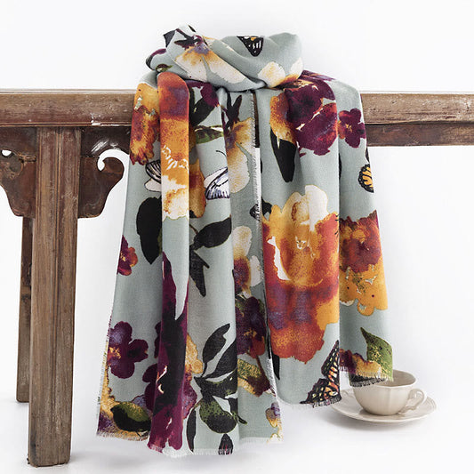 Buddhist Blessing Tibetan Colorful Butterfly Flower Print Shawl Fall Winter Soft Warm Scarf Wrap