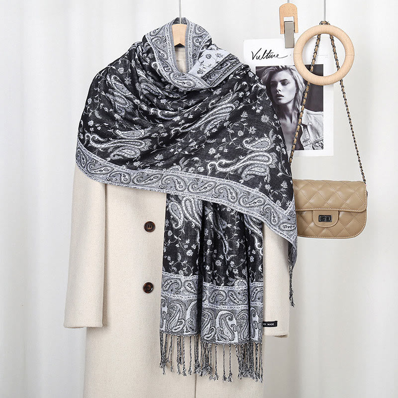 Buddhist Blessing Tibetan Cashew Flower Vine Print Tassels Shawl Fall Winter Soft Scarf Wrap