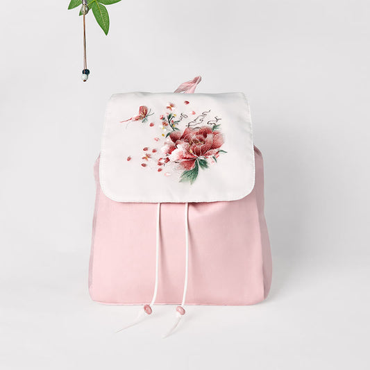 Buddhist Blessing Handmade Pink Peony Flowers Embroidered Large Capacity Canvas Backpack