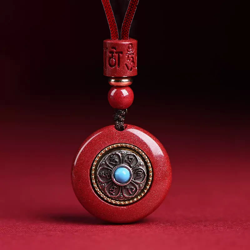 Buddhist Blessing Natural Cinnabar Six True Words 'Om Mani Padme Hum' Braided String Blessing Key Chain Necklace Pendant