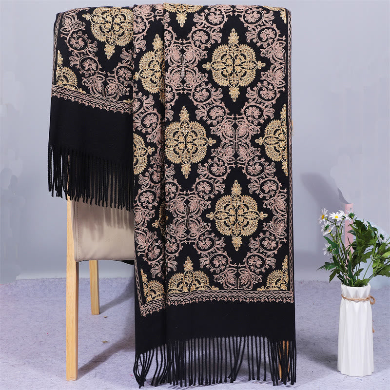 Buddhist Blessing Polyester Shawl Symmetry Gold Filigree Embroidery Tassel Winter Cozy Travel Scarf Wrap