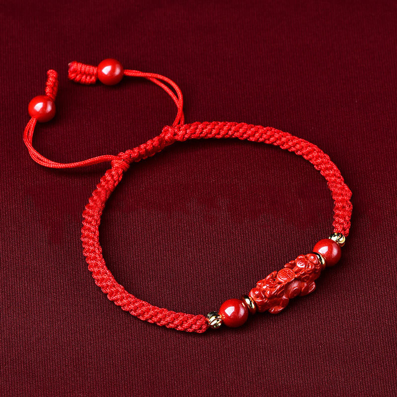 Buddhist Blessing Handcrafted Pixiu Cinnabar Ruyi Stick Wealth Luck Braided Bracelet
