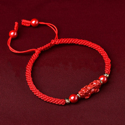 Buddhist Blessing Handcrafted Pixiu Cinnabar Ruyi Stick Wealth Luck Braided Bracelet
