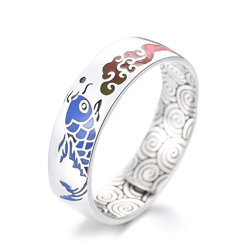 Buddhist Blessing 925 Sterling Silver Lucky Koi Fish Auspicious Clouds Wealth Ring