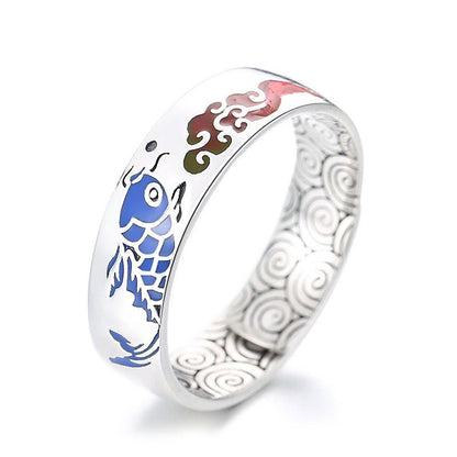 Buddhist Blessing 925 Sterling Silver Lucky Koi Fish Auspicious Clouds Wealth Ring