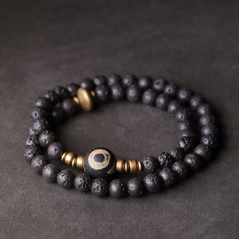 Buddhist Blessing Vintage Lava Rock Three-eyed Dzi Bead Copper Brass Beads Double Wrap Healing Bracelet