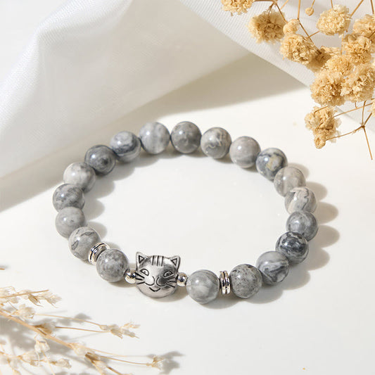 Buddhist Blessing Cute Cat Natural Grey Jasper Bead Healing Bracelet