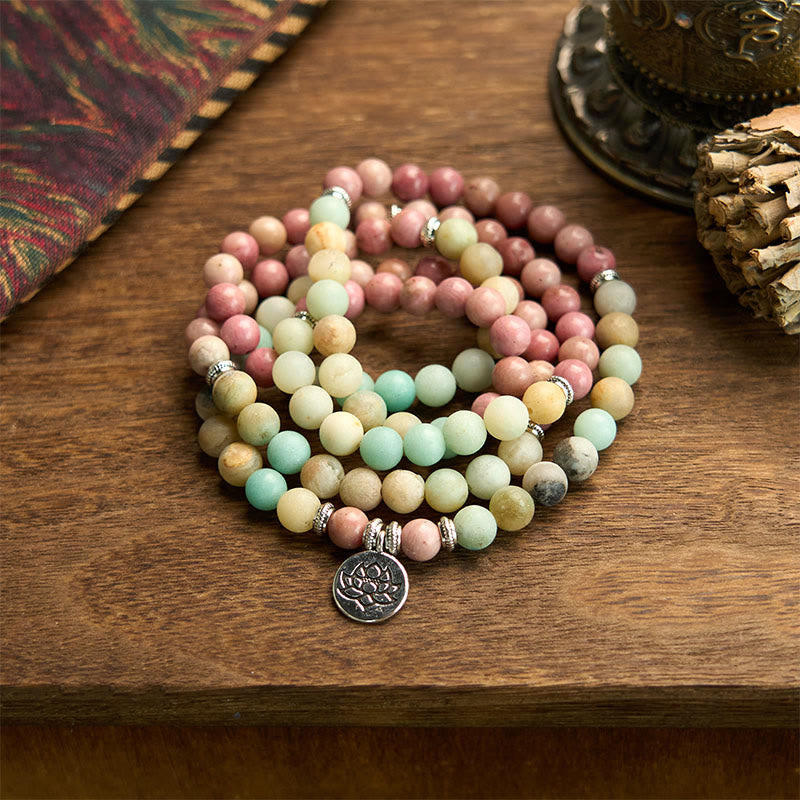 Buddhist Blessing 108 Mala Rhodonite Amazonite Beads Lotus Compassion Bracelet