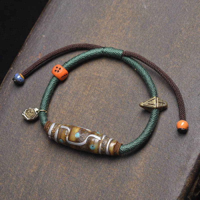 Buddhist Blessing Handcrafted Tibetan Nine-eye Dzi Bead Protection Rope Bracelet
