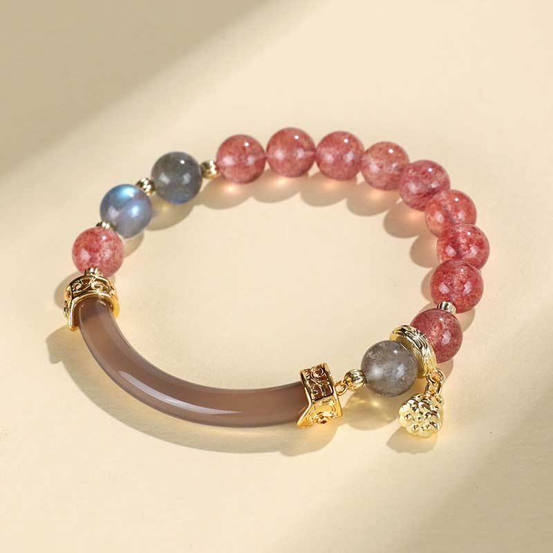 Buddhist Blessing Strawberry Quartz Labradorite Fluorite Pearl Cuff Half Bracelet Bangle