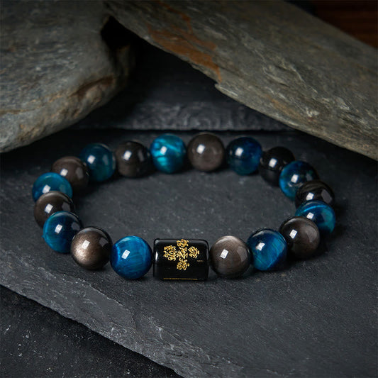 Buddhist Blessing Silver Sheen Obsidian Blue Tiger Eye Black Onyx Five Elements Protection Bracelet