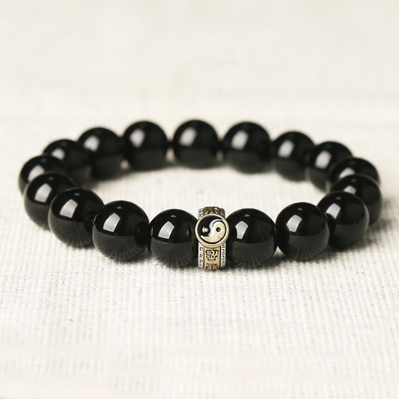 Buddhist Blessing Black Obsidian Yin Yang Nine-Character Mantra Fulfilment Bracelet